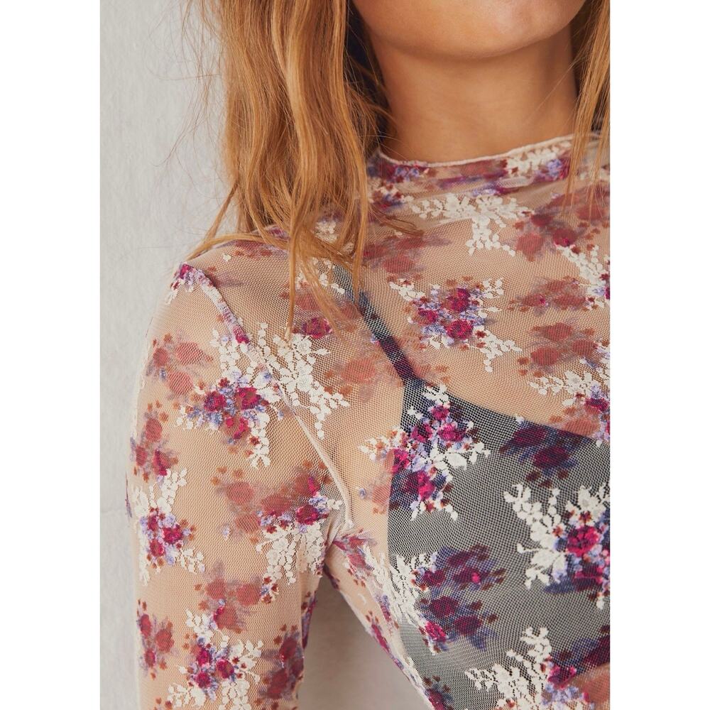 NWT Free People Lady Lux Ivory Combo Sheer Mesh Printed Layering Top - Picture 3 of 9